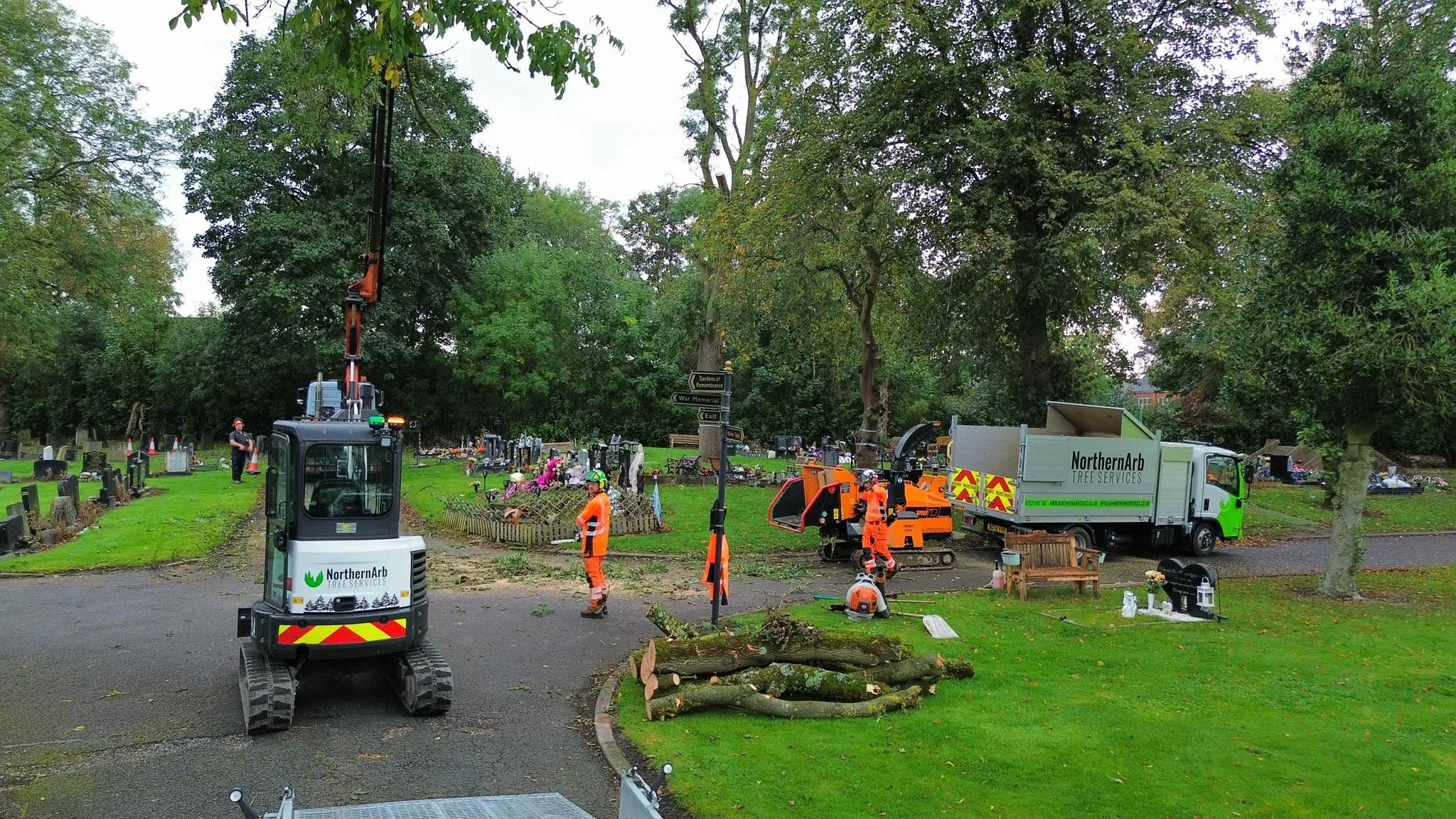 NorthernArb crew removing hazardous trees at Gorton Cemetery