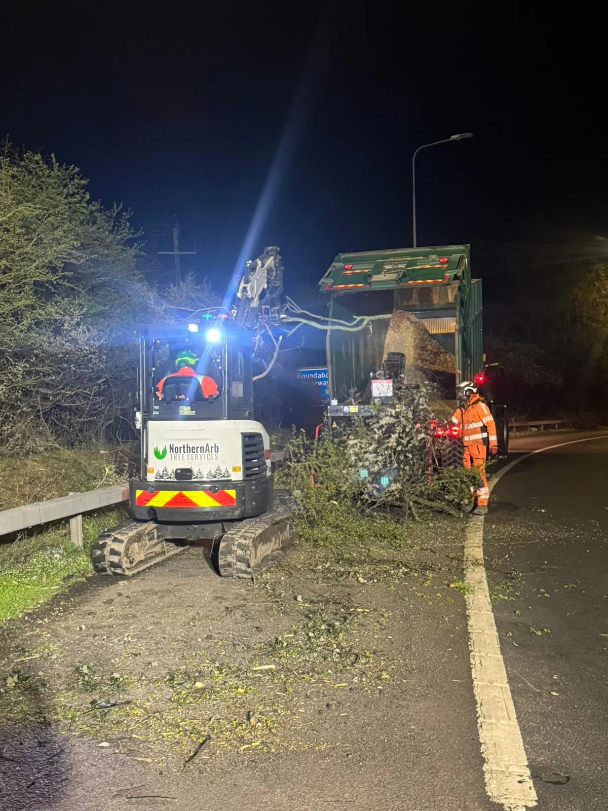 NorthernArb clearing branches from a roadside verge at night
